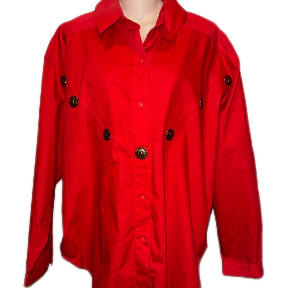 Red Western Shirt With Conchos Sz L Southwestern Cowgirl 100% Cotton